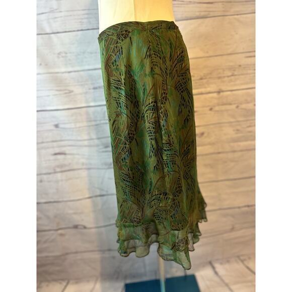 Richard Malcolm 100% Silk Olive Green Leaf Print Midi Skirt Size Medium - Picture 3 of 6